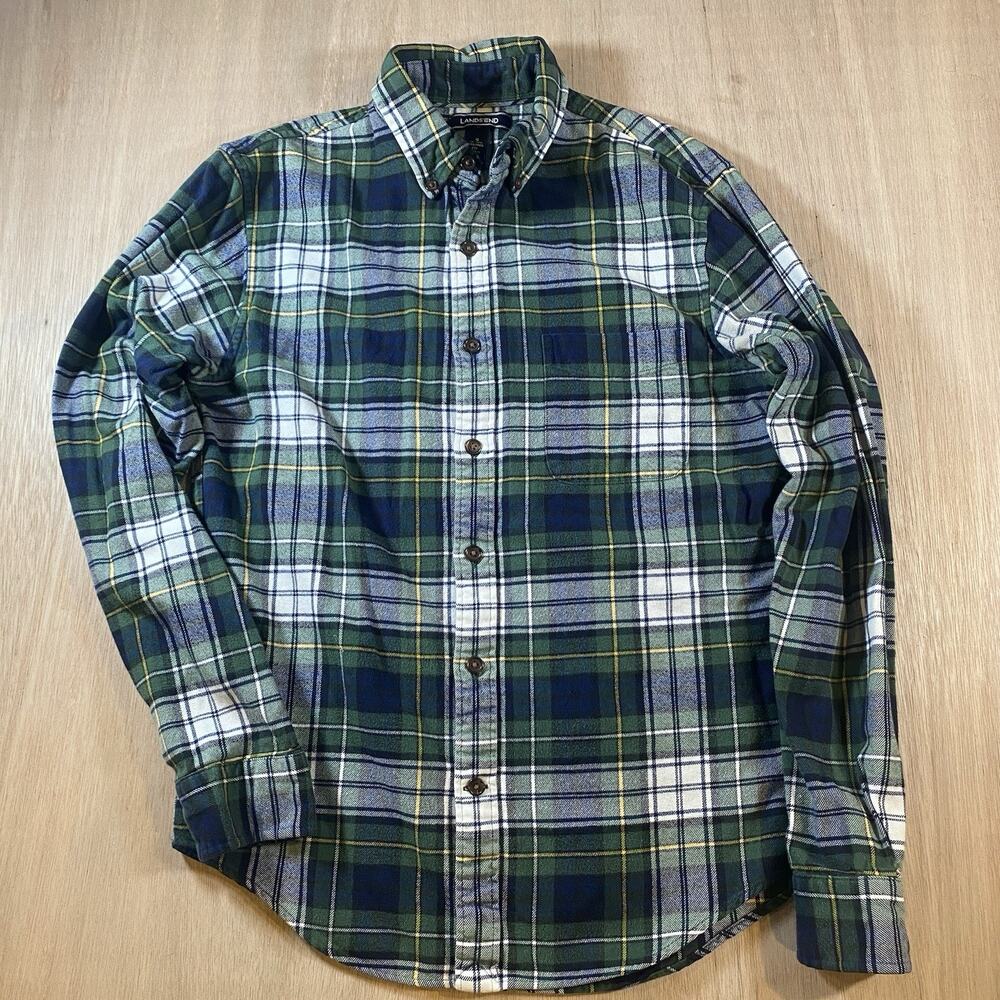 Lands' End Mens Blue & Green Plaid Long Sleeve Flannel Button Down Shirt Size S